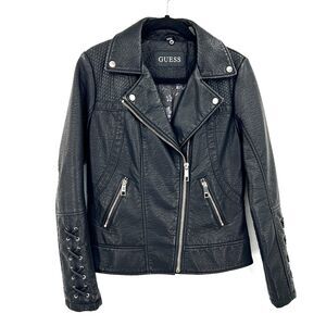 GUESS Black Faux Leather Lace Up Sleeves Asymmetrical Moto Biker Jacket Medium